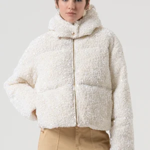 Padded paillettes coat with hoody vanilla